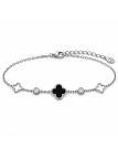 Bracelet Chaîne en Acier Inoxydable Argenté avec Trèfle Noir et Zircons – Élégance Moderne et Intemporelle